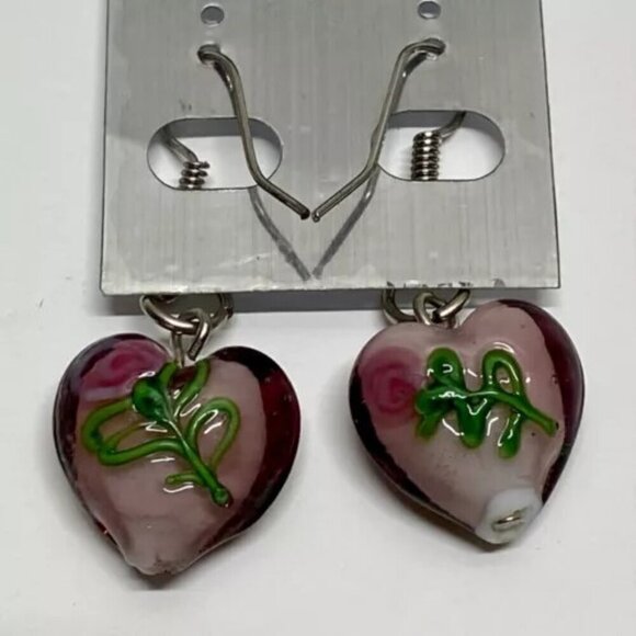 New Fashion Brand Earrings Murano Style Clear Purple Glass Dangle Heart Bead NWT - Picture 7 of 9